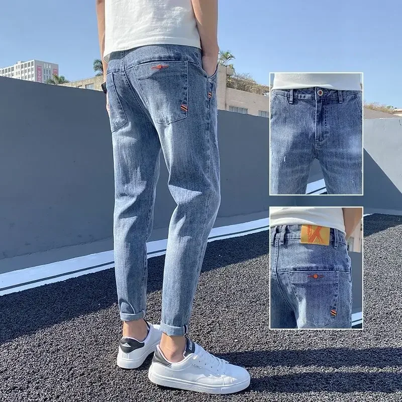 

Man Cowboy Pants Tight Pipe Skinny Trousers Ripped Slim Fit Men's Jeans with Holes Torn Broken Cropped Regular Original Designer