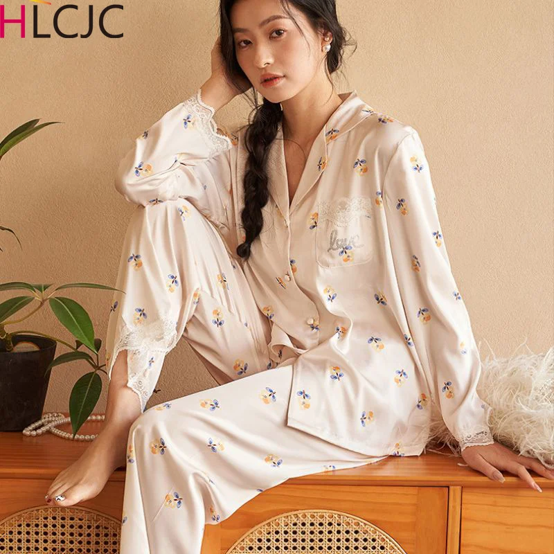 

Womens Silk Satin Pajamas Set Loungewear Long Sleeve Tops and Trousers Hot Diamond Homewear Sleepwear For Women Pijamas Mujer