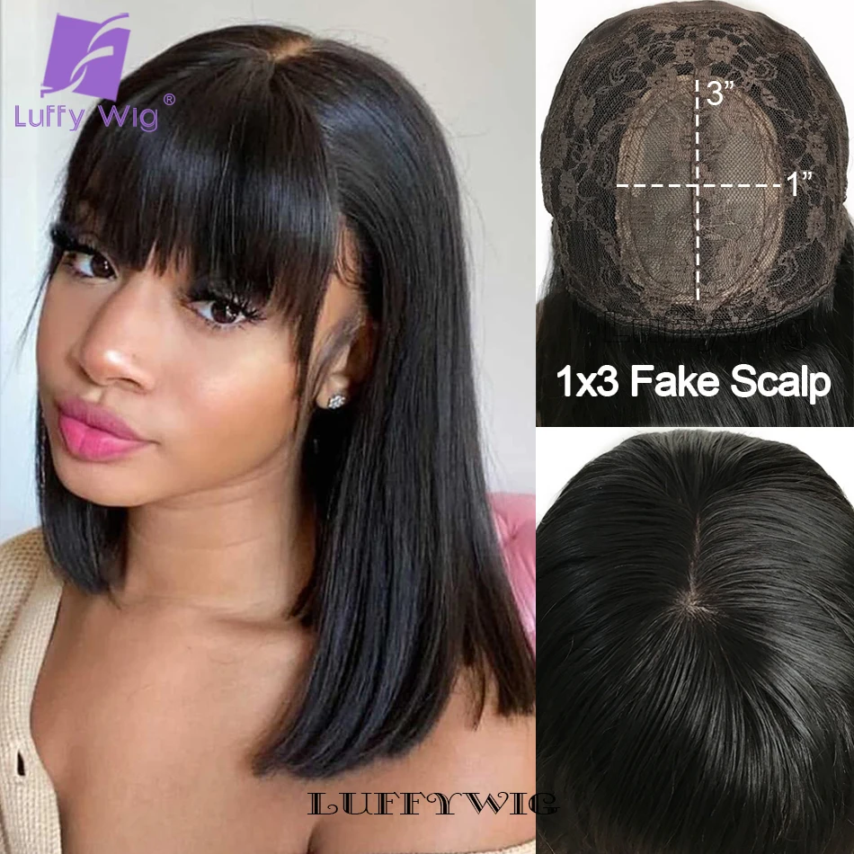 

Realistic Wear and Go Straight Short Bob Wig Human Hair with Bangs 1x3 Fake Scalp Top Bang Bob Wig Glueless for Women Remy Hair