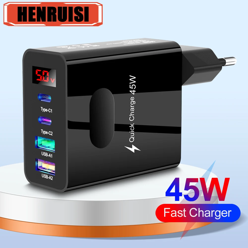 

45W Digital Display Charger 4 Ports Fast Charging QC3.0 For iPhone Pro Max Samsung Xiaomi Huawei EU/US/UK Plug Travel Charger