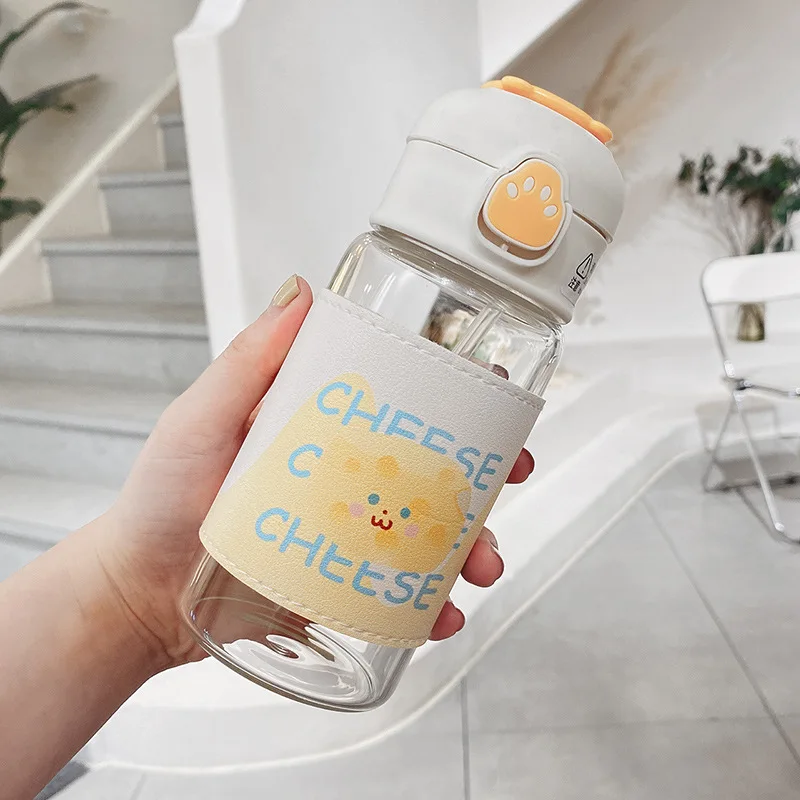 Kawaii Cartoon Glass Water Bottle with Straw 13oz Kawaii Cartoon Glass Water Bottle with Straw 13oz