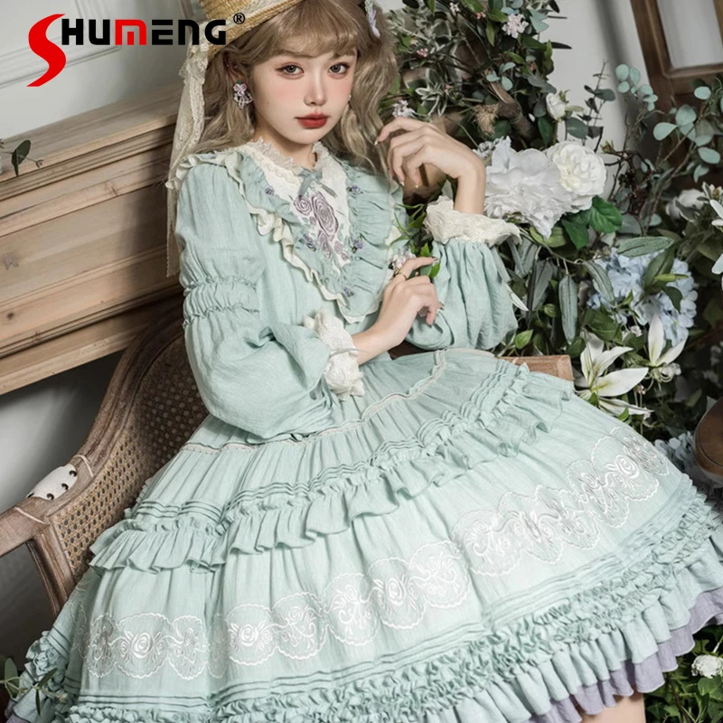 

Palace Style Lolita Lace-up Ruffled Dresses for Women 2024 Spring New Sweet Cla Daily Elegant Long Sleeve Green Op Dress Ladies
