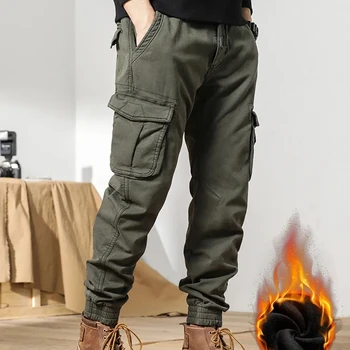 Calça Jogger Feminina Moda 2023: Elegância e Conforto 9 2023 New Multi-Pockets Winter Cargo Pants Men Fleece Liner Thick Warm Slim Fit Joggers Streetwear Casual Cotton Thermal Trousers
