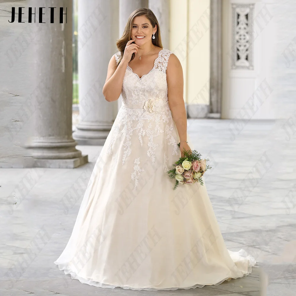 

JEHETH Modern Light Champagne Wedding Dress Cap Sleeves Illusion Bride Gowns Applique A-Line Plus Size vestidos de novia 2024