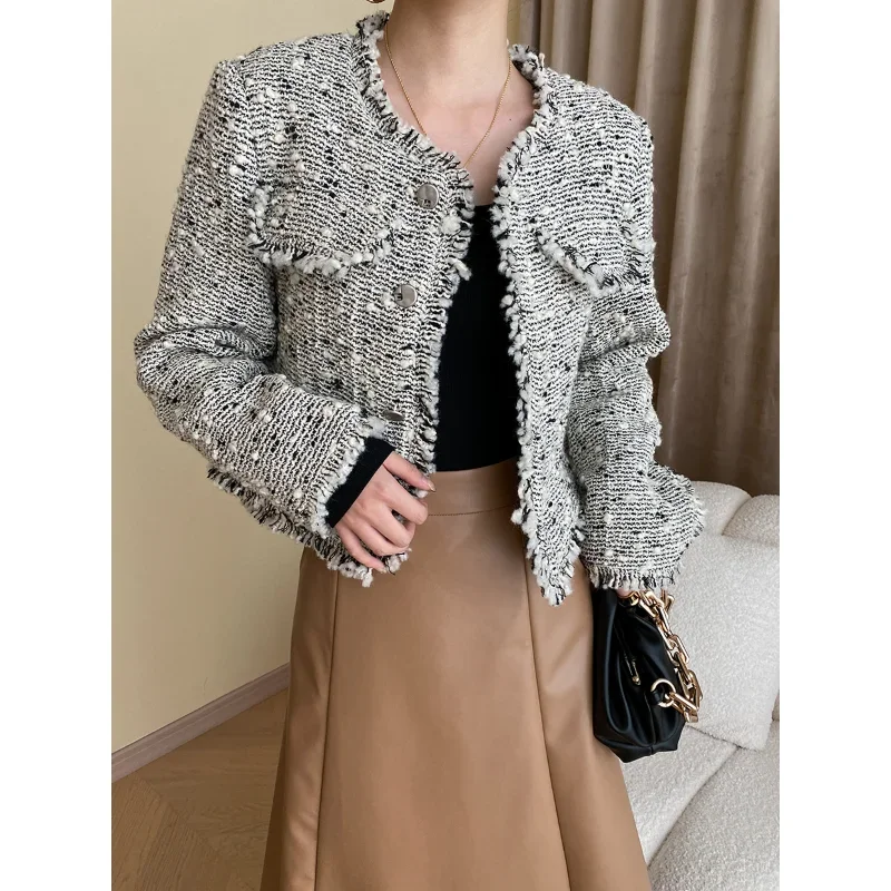 

Autumn Winter Tassels Fashion Grey Tweed Short Female Jacket Vintage O Neck Long Sleeves Casual Korean Chic Basic Women Coat