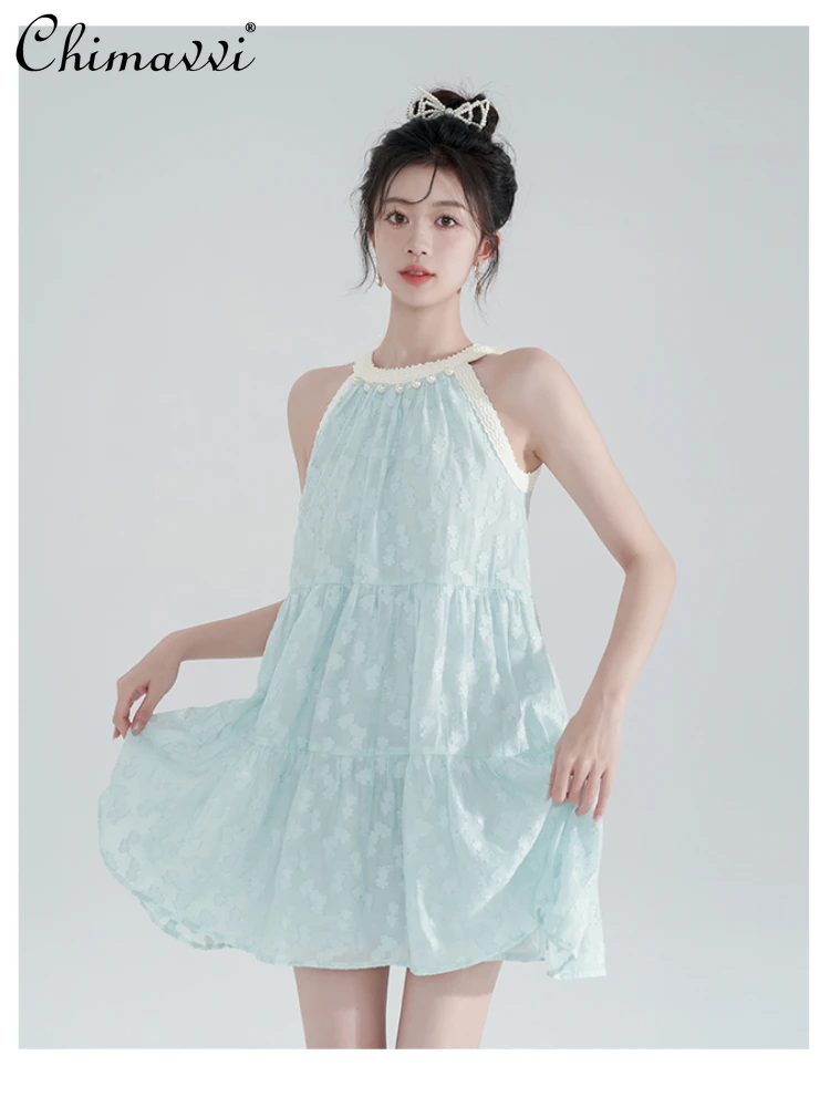 

Green Lace Splicing Beads Lace-up Halter Dress Female Summer Mori Style Fashion Casual Sweet A- line Dress Women 2024 Summer