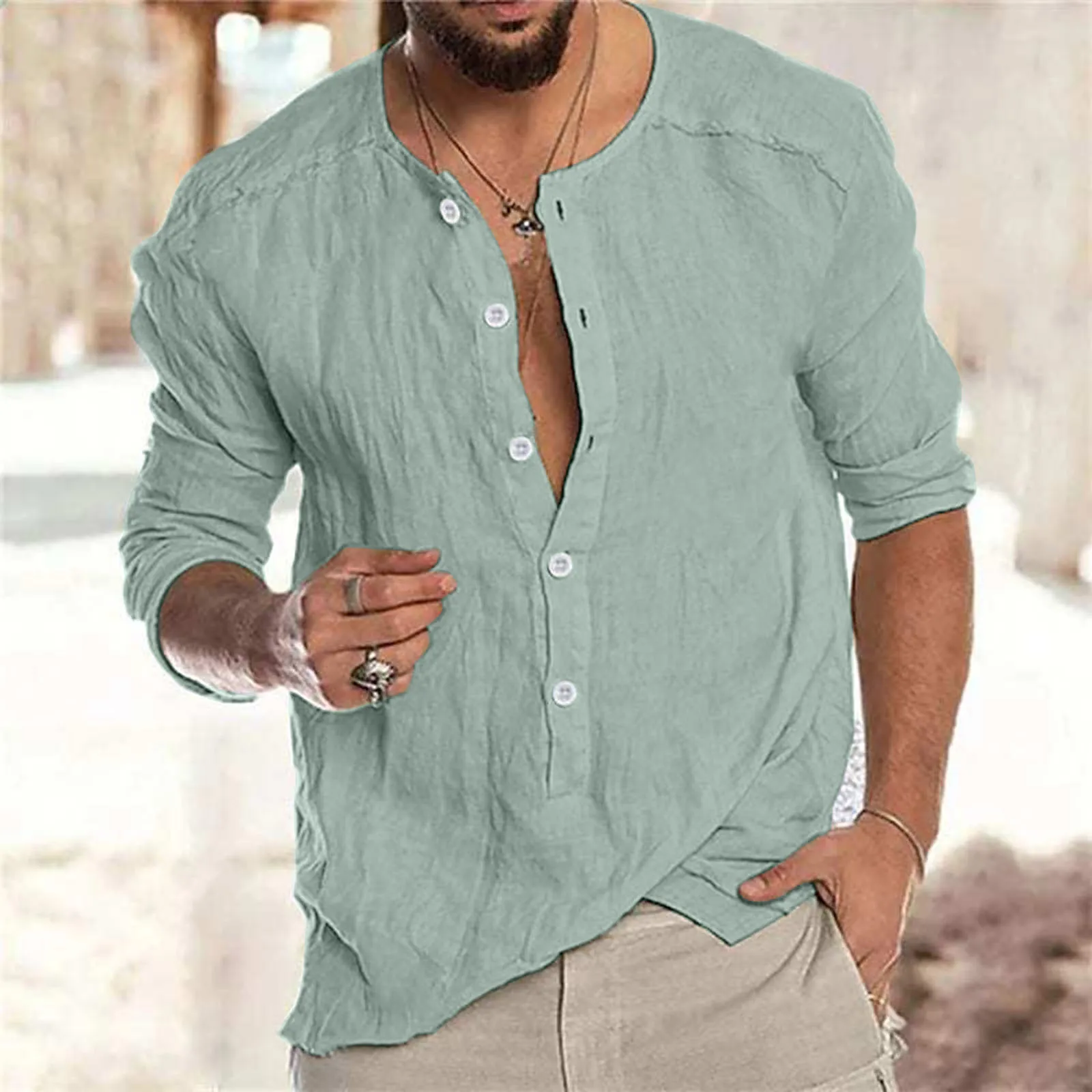 

2024 Men'S Casual Cotton Linen Shirt Mock Neck Solid Long Sleeve Loose Top Spring And Autumn Handsome Fashion Shirts