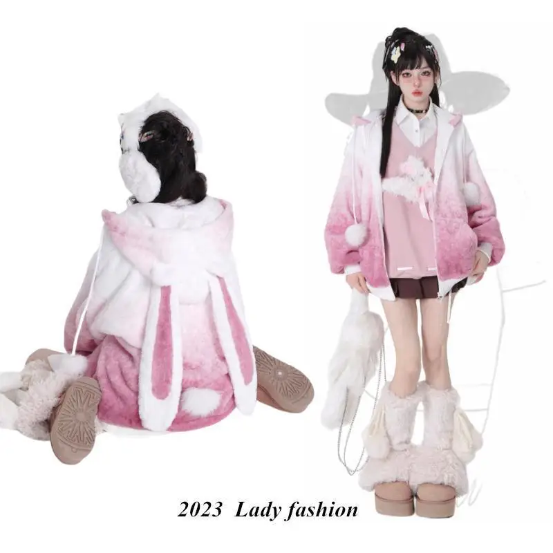Korean Fashion Pink Gradient Hoodies Cute Plush Warm Women's Rabbit Ear Hooded Zipper Coat Long Sleeve Top Hotsweet Y2k Clothes
Korean Fashion Pink Gradient Hoodies Cute Plush Warm Women's Rabbit Ear Hooded Zipper Coat Long Sleeve Top Hotsweet Y2k Clothes