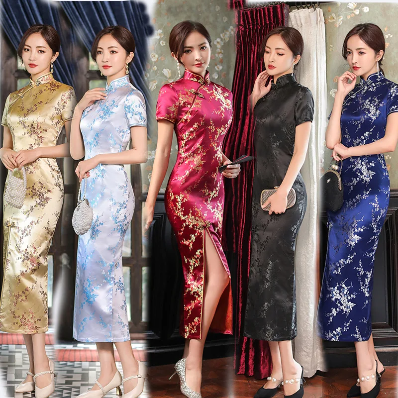 

Chinese Traditonal Long Cheongsam Qipao Dress Short Sleeve Sexy Women Wedding Evening Party Satin Classic Dress Costume S-4XL