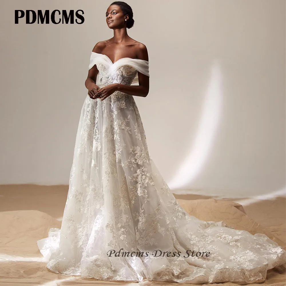 PDMCMS Lace A Line Wedding Dresses Off The Shoulder V Neck Bridal Gowns Prom Dress Queen With Detachable Floral Train Custom
PDMCMS Lace A Line Wedding Dresses Off The Shoulder V Neck Bridal Gowns Prom Dress Queen With Detachable Floral Train Custom