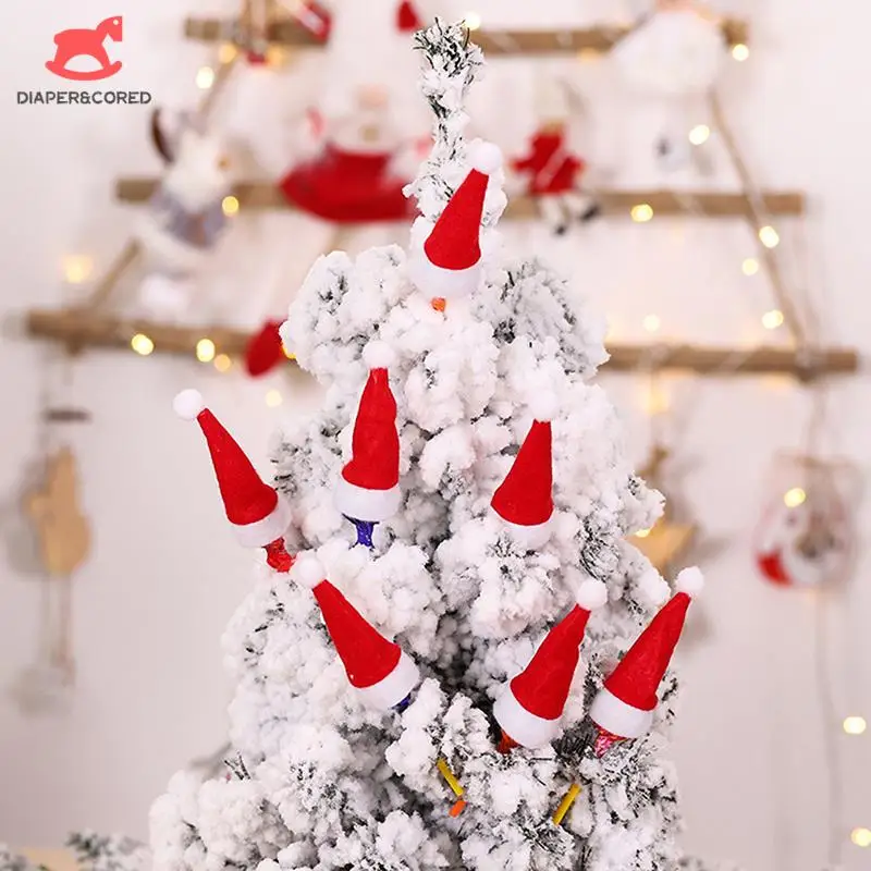 

10Pcs Mini Santa Claus Hat Table Cutlery Decor Dollhouse Christmas Hat Lollipop Top Topper Cover Xmas Tree Decor Accessories