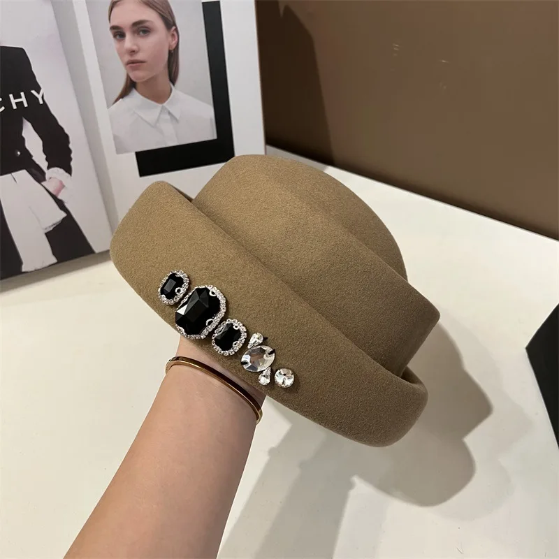 High quality rhinestone wool top hat Korean version versatile beret fashion retro style painter's hat church dress bucket hat 51 Mallzona Sef6c7cbfc2844bde8d0f19171075eb44S High quality rhinestone wool top hat Korean version versatile beret fashion retro style painter's hat church dress bucket hat Mallzona