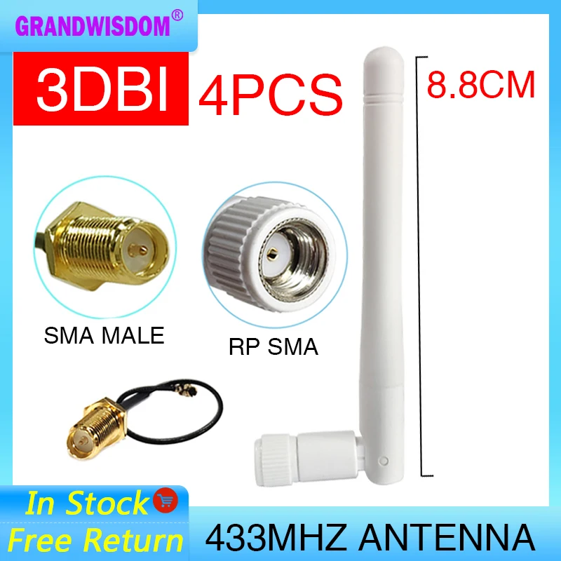 GRANDWISDOM 4pcs 433mhz antenna 3dbi sma female lora antene module lorawan ipex 1 SMA male pigtail Extension Cable | Мобильные