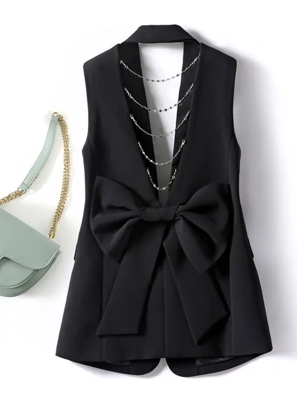 2023 Women's Heavy Industry Suit Vest, Feeling Hollow Chain Design, Bow Sleeveless Coat, Spring And Autumn 
2023 Women's Heavy Industry Suit Vest, Feeling Hollow Chain Design, Bow Sleeveless Coat, Spring And Autumn