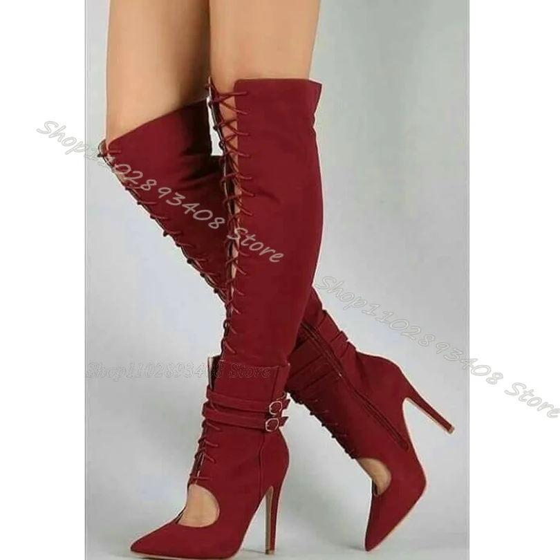 Crimson Lace up Flock Knee Boots Platform Pointed Toe Side Zipper Stiletto Fashion Party Dress Knee Boots Zapatos Para Mujere
Crimson Lace up Flock Knee Boots Platform Pointed Toe Side Zipper Stiletto Fashion Party Dress Knee Boots Zapatos Para Mujere