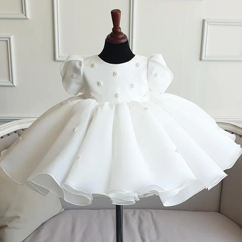 

White flower girl Dress for Wedding baby Infant Gown kids Baptism 1st Birthday Party clothing Beading Tulle Toddler Tutu dress