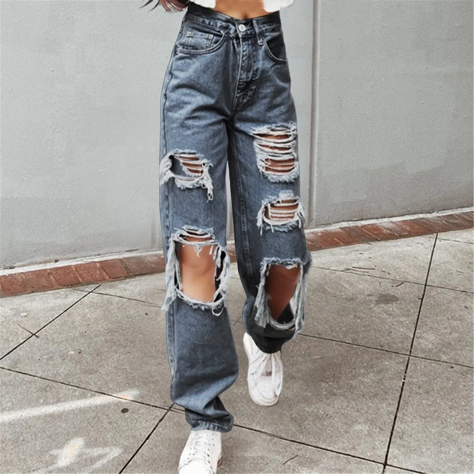 

Women Jeans Zipper Fly Wide Leg Lady Denim Pants Distressed Streetwear Hole Hip Hop Fashion Straight Denim Trousers Summer Jean