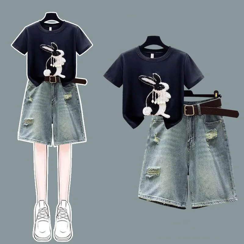 Summer Outfits New Style Fashionable Round Neck Short Sleeved T-shirt for Women Perforated Capris 2 orated Capris Two Piece Suit
Summer Outfits New Style Fashionable Round Neck Short Sleeved T-shirt for Women Perforated Capris 2 orated Capris Two Piece Suit