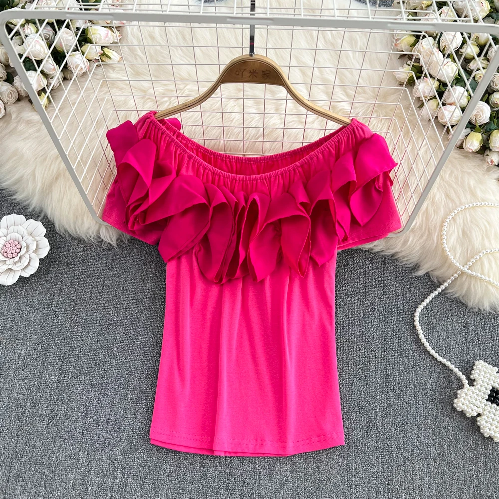 French Short-sleeved Off Shoulder Ruffled Three-dimensional Flowers Slim Fit T-shirt Women's Short Top Summer
French Short-sleeved Off Shoulder Ruffled Three-dimensional Flowers Slim Fit T-shirt Women's Short Top Summer