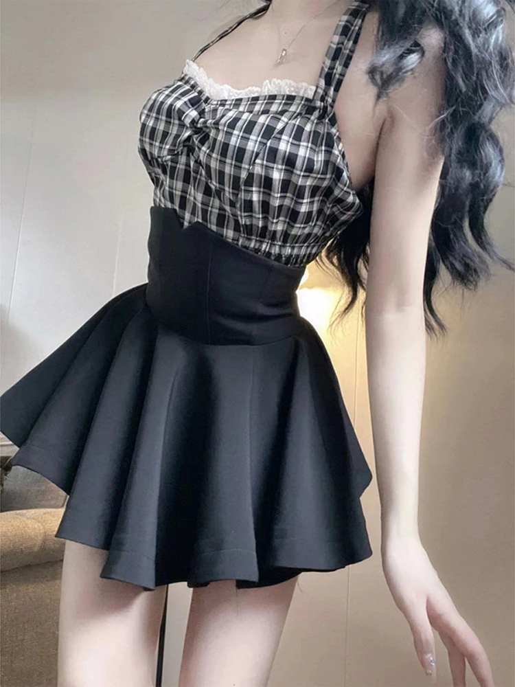 

Black high-waisted puffy skirt for women in spring and summer, slim waist, A-line pleated skirt, belly covering, anti-light skir