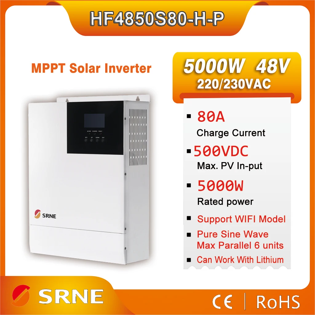 SRNE 5KW Hybrid Solar Inverter Pure Sine Wave Inverter Off-Grid Inverter 48VDC to 220VAC with 80A Mppt Charger Parallel 6pc
SRNE 5KW Hybrid Solar Inverter Pure Sine Wave Inverter Off-Grid Inverter 48VDC to 220VAC with 80A Mppt Charger Parallel 6pc