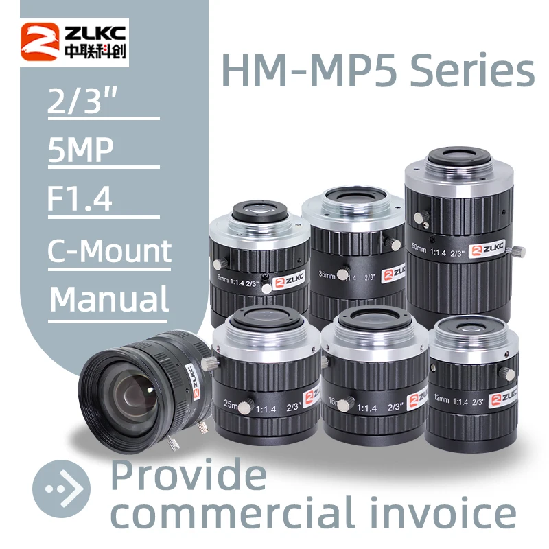 

ZLKC 2/3 Inch 5Megapixel FA C Mount Lens 6mm 8mm 12mm 16mm 25mm 35mm 50mm Fixed Focal Length F1.4 Manual Iris 5MP Machine Vision