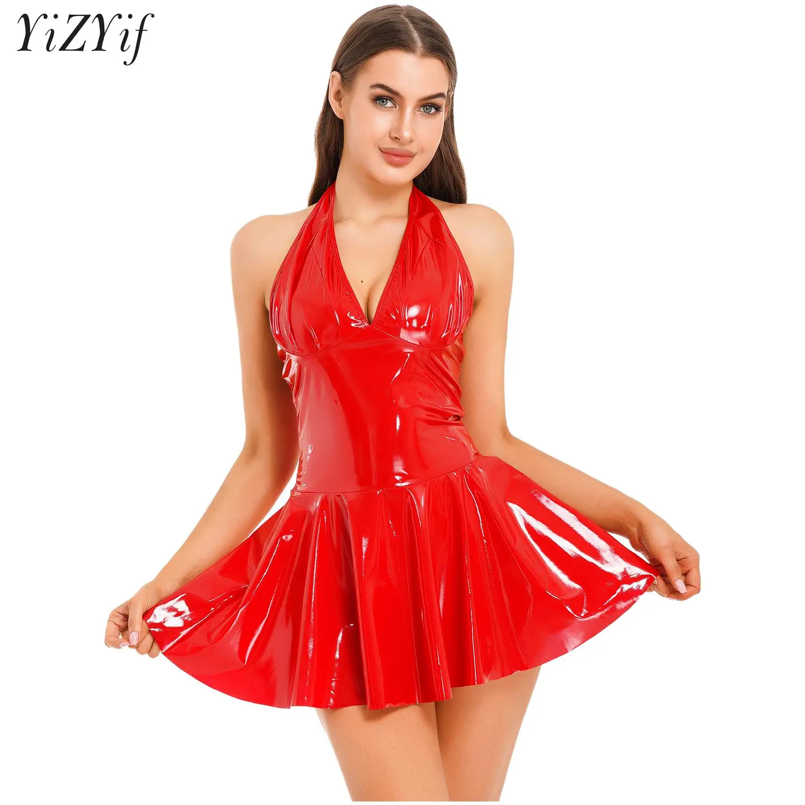 Women Sexy Deep V-Neck Halterneck Backless Mini Skater Dress with Thong Metallic Leather Clubwear for Cocktail Party Rave Party
Women Sexy Deep V-Neck Halterneck Backless Mini Skater Dress with Thong Metallic Leather Clubwear for Cocktail Party Rave Party
