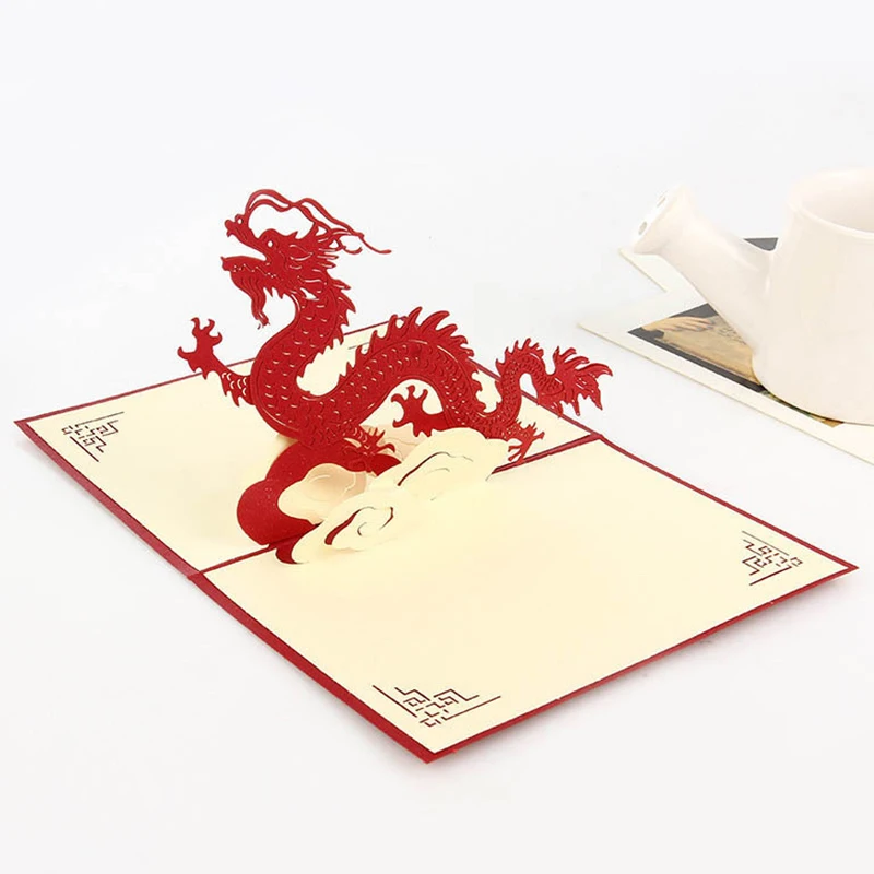 

Китайский новый год, красный дракон, 3D выдвижная поздравительная открытка, лазерная вырезка, открытка, полые, резная, искусственные подарки