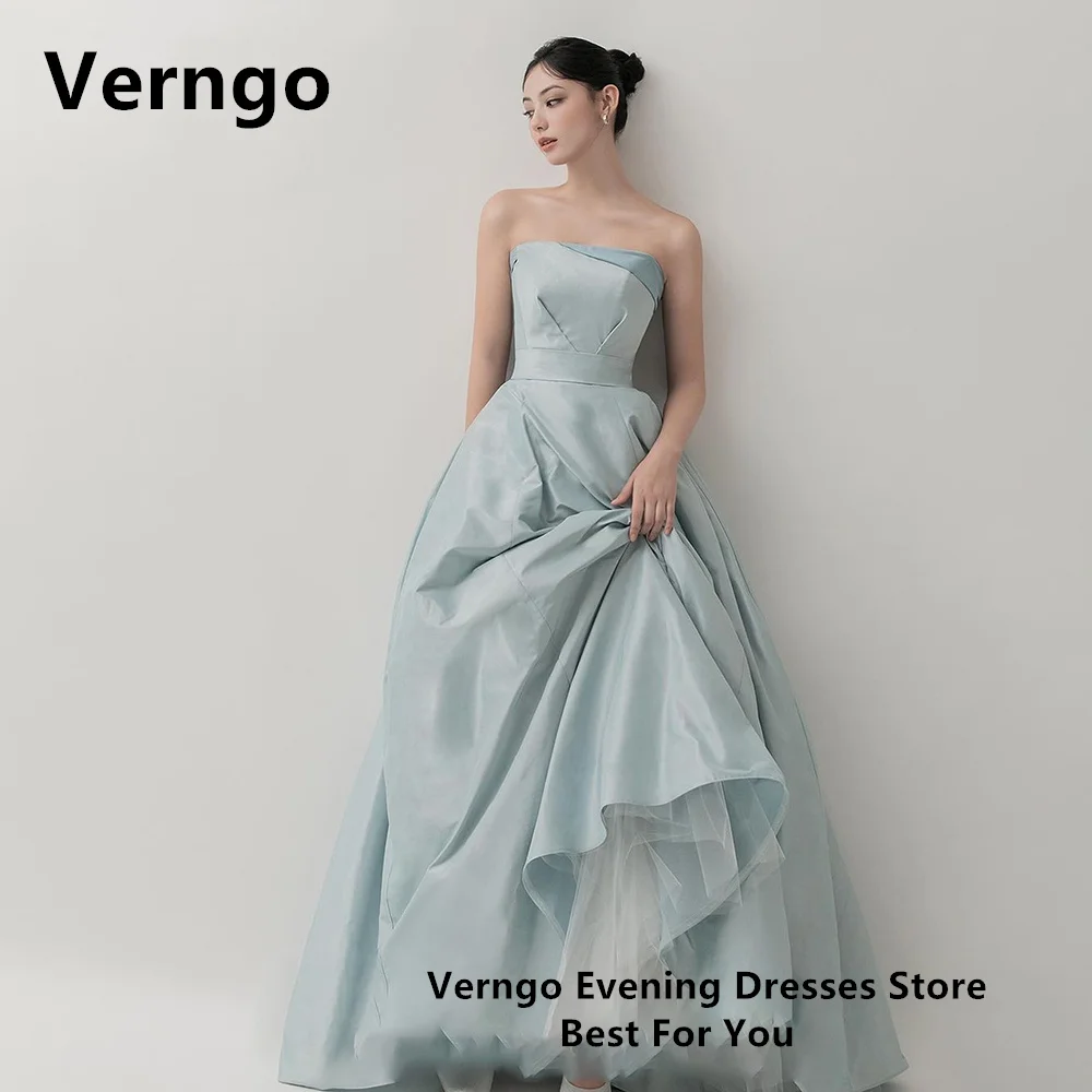 

Verngo Blush Blue Satin Wedding Party Dress Strapless Sleeveless Party Gowns A Line Floor Length Prom Dress Korea Formal Gowns