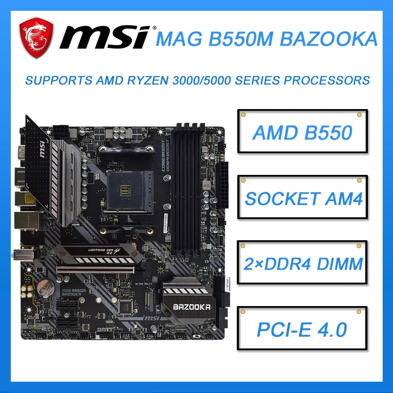 Материнская плата MSI MAG B550M BAZOOKA, материнская плата am4 B550 ddr4 128 ГБ AMD B550 PCI-E 4,0 M.2 SATA 3 USB3.2 Micro ATX для RYZEN 3600 