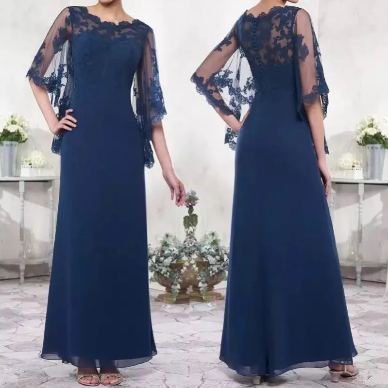Navy Blue Mother of the Bride Dress O-Neck Chiffon A-Line Cape Half Sleeve Lace Applique Formal Wedding Evening Mother Gowns New
Navy Blue Mother of the Bride Dress O-Neck Chiffon A-Line Cape Half Sleeve Lace Applique Formal Wedding Evening Mother Gowns New