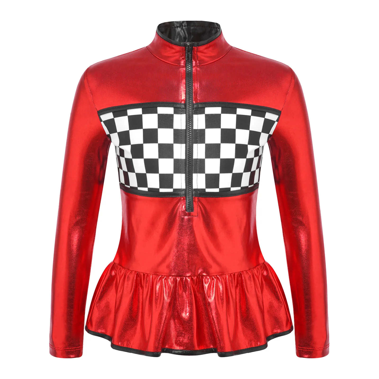 

Kids Girls Race Car Driver Costume Halloween Carnival Theme Party Racer Cosplay Long Sleeve Checkerboard Print Ruffled Tops Coat