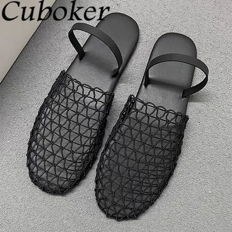 

2024 Summer Hollow Out Black Mesh Flat Sandals For Women Fashion Round Toe Net Mules Shoes Casual Vacation Beach Slippers Femme