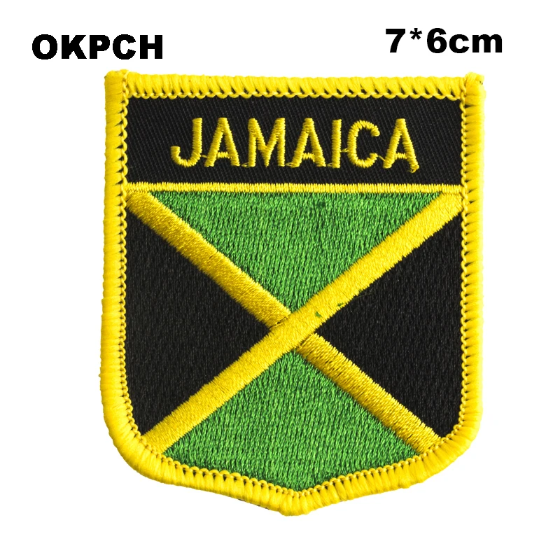 

Jamaica Flag Shield Shape Iron on Embroidery Patches Saw on Transfer Patches Sewing Applications for Clothes Back Pack Cap