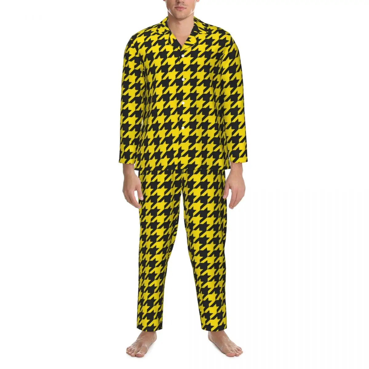 

Пижама Мужская в клетку «гусиные лапки», спальная одежда, милая желтая и черная свободная пижама из 2 предметов, милый домашний костюм оверсайз с длинными рукавами