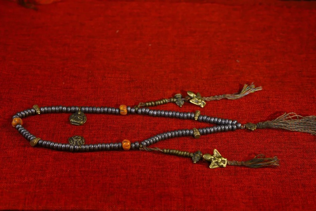 

16"Tibet Temple Collection Old Tiantie Cinnabar Mosaic Bronze Vajra 108 Buddha Bead Necklace Pendant Amulet Town house Exorcism