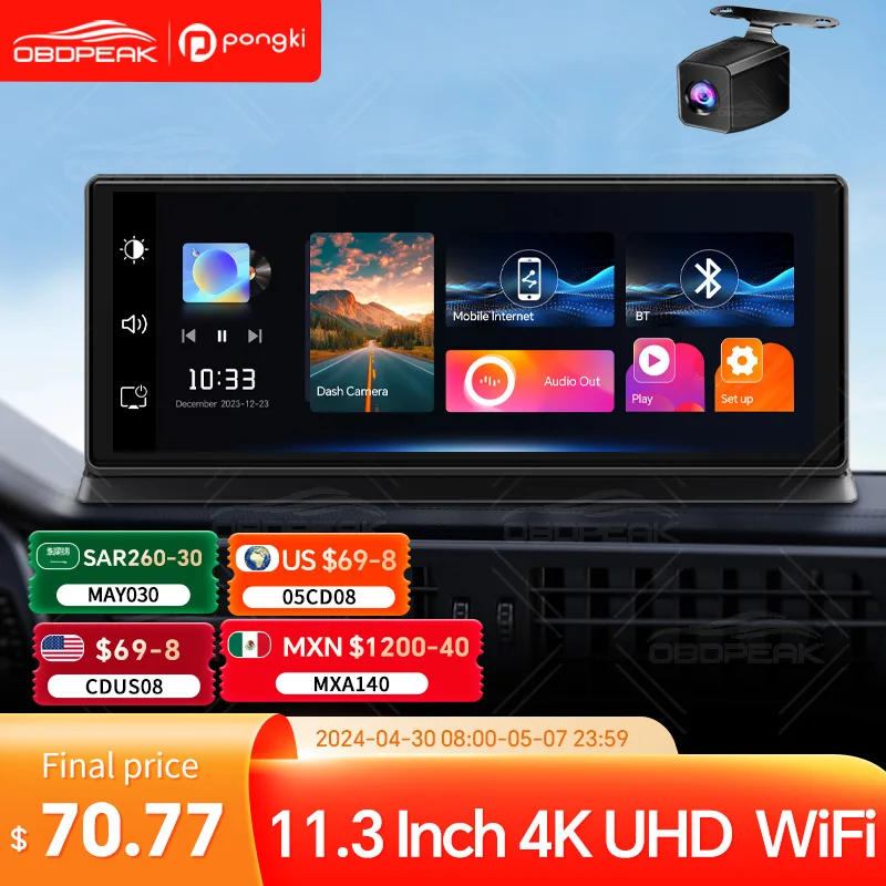 

11.3" 4K 2160P Car DVR CarPlay&Android Auto 2 In 1 Car Dash Camera WiFi GPS Navigation FM AUX Dash Cam 24h Park Monitor