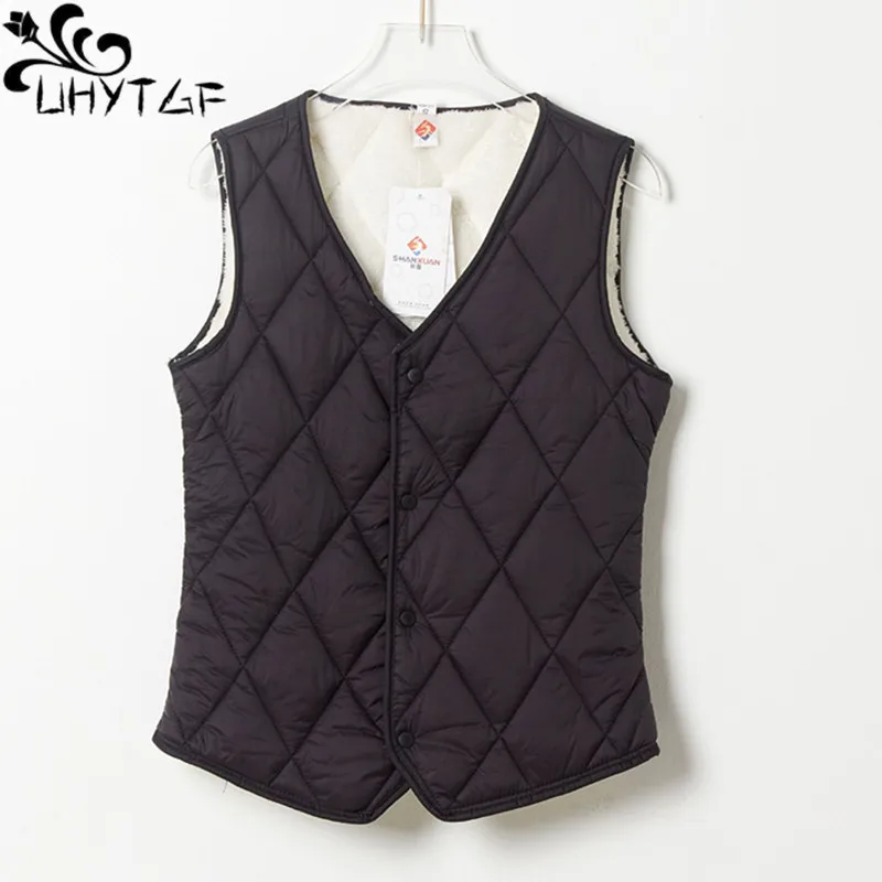 

UHYTGF 5XL Sleeveless Jacket Womens Plush Inner Warm Cotton Waistcoat Autumn Winter Vest Coat Female Short Parker Outerwear 2037