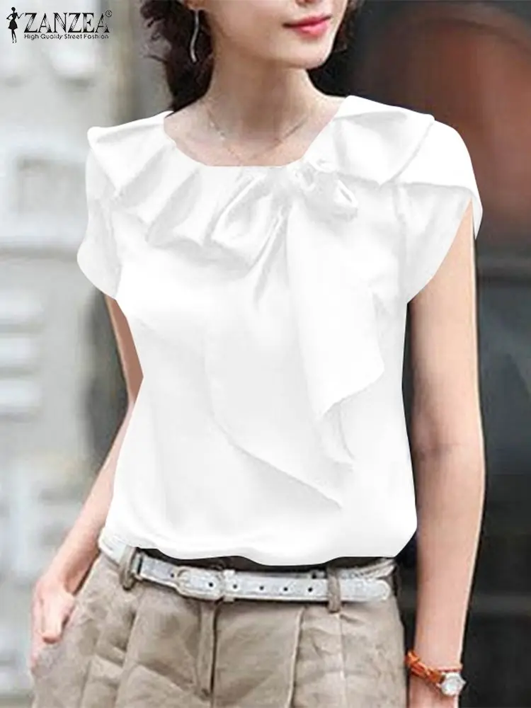 

ZANZEA Women Chic Short Sleeve Blouse Elegant Bowknot Stitching Shirt Solid Office Round Neck Tunic Casual Loose Twisted Tops