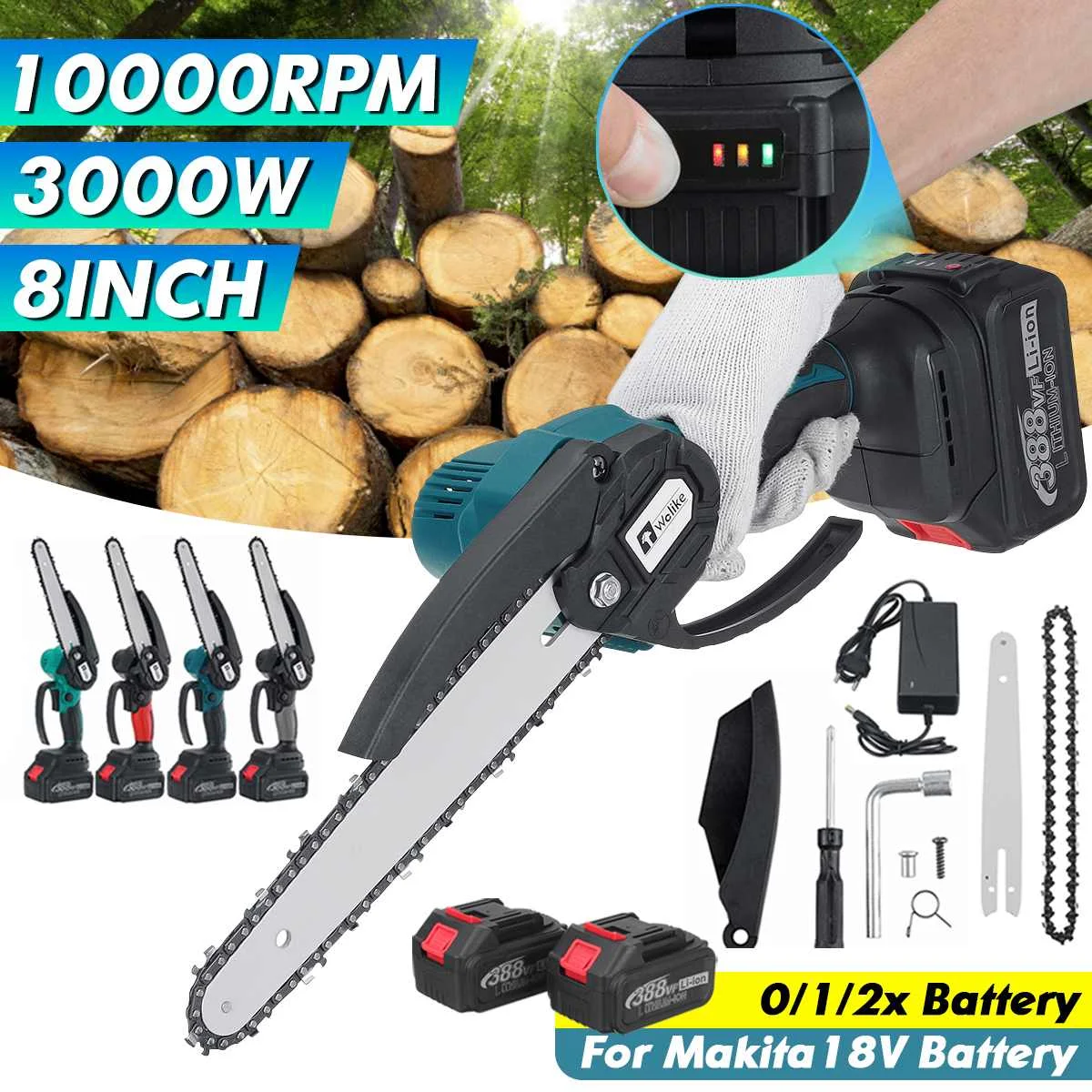 

3000W 8 Inch Brushless Mini Electric Chainsaw Rechargeable Li-ion Battery Pruning Saw Woodworking Tool For Makita 18V Battery