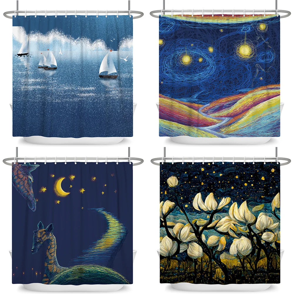 

Oil Painting Shower Curtain Sunset Night Sea Scenic Curtains Waterproof Polyester Bathroom Decor Bath Curtain With Hooks