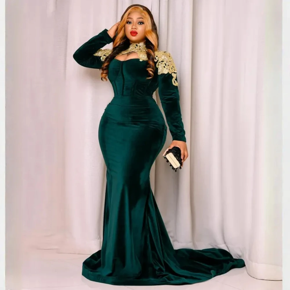 Green Plus Size Velvet Prom Dresses High Halter Neck Long Sleeves Appliques Mermaid Evening Dress Special Occasion Party Gowns
Green Plus Size Velvet Prom Dresses High Halter Neck Long Sleeves Appliques Mermaid Evening Dress Special Occasion Party Gowns