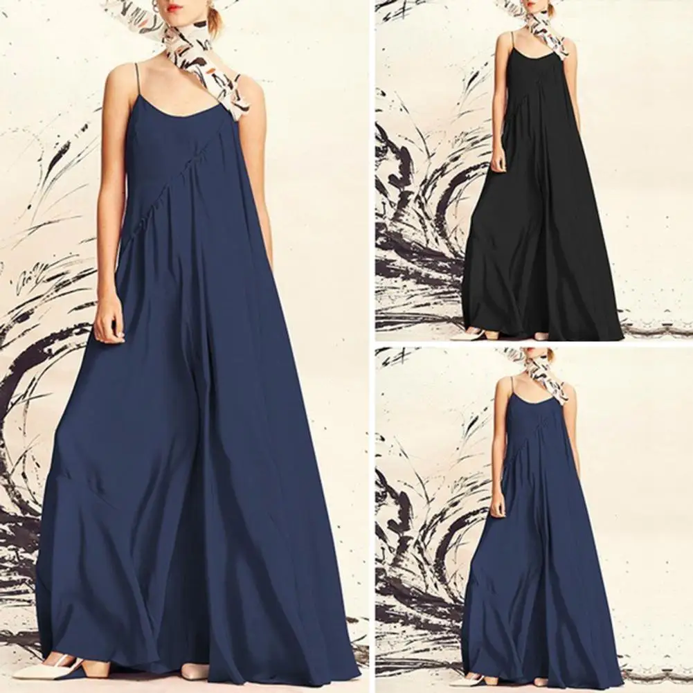 

Pleat Detail Dress Elegant Maxi Dress with Spaghetti Straps Backless Design for Women Solid Color A-line Summer Long Dress