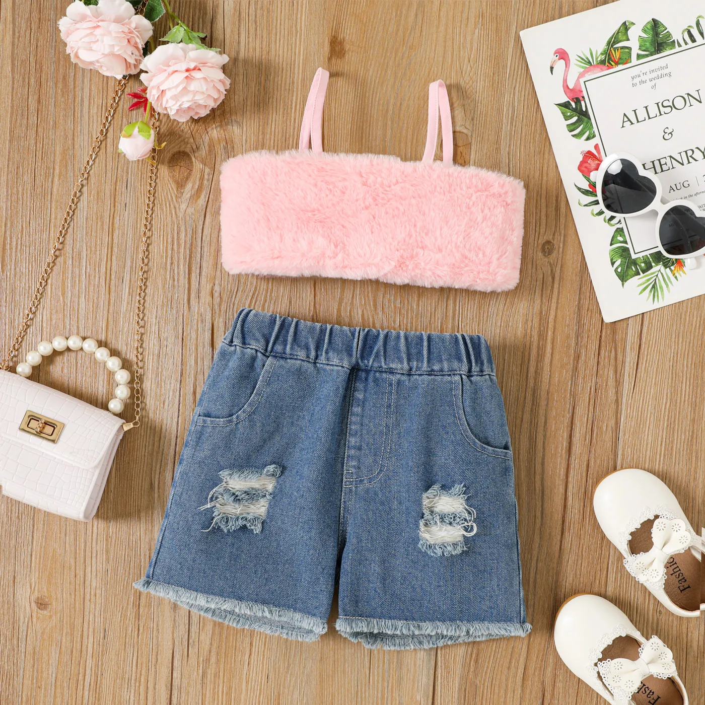 

PatPat 2pcs Toddler Girl Fluffy Fuzzy Cami Top and Ripped Denim Shorts Set