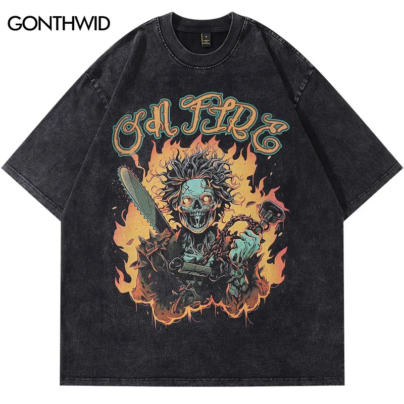 

Hip Hop Punk Tshirt Vintage Hell Flame Skull Skeleton Graphic Print Washed T-Shirt Harajuku Fashion Casual Loose Oversized Tops