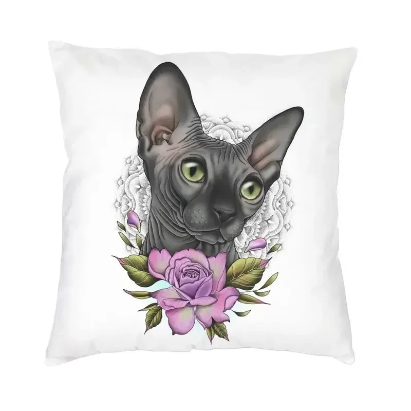 

Black Sphynx Cat Square Pillowcover Home Decor Cartoon Anime Kitten Cushion Cover Throw Pillow for Car Double-sided Printing