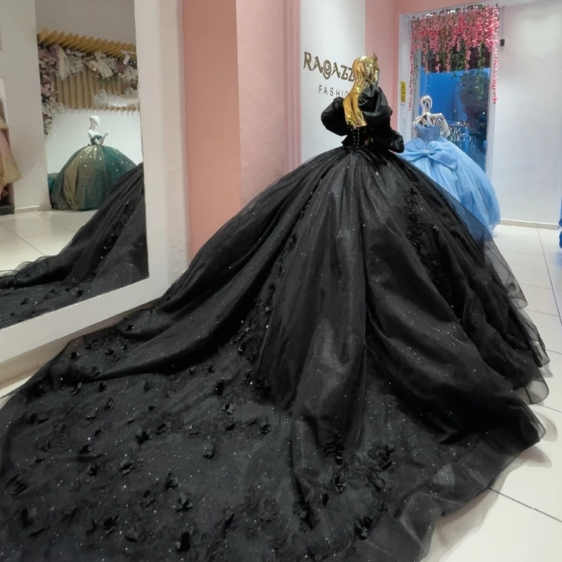 

Black Princess Quinceanera Dresses 2024 3DFlower Appliques Lace-up Corset Off Shoulder Puff Sleeve Vestidos De 15 Años Prom Dres