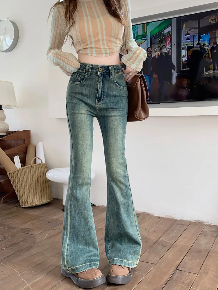 

Slergiri Women's Spring Retro Washed Flared Pants Streetwear Korean Fashion Zipper Fly High-waisted Bell-bottoms Jeans Female