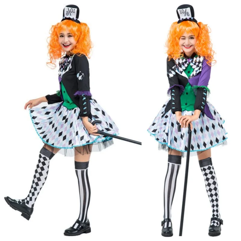 

Anime Alice In Wonderland Clown Mad Hatter Maid Costume Women Halloween Carnival Party Magician Lolita Cosplay Dress Decoration