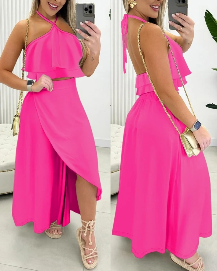 

Women Summer Skirt Sets 2024 New Fashion Sleeveless Solid Color Tied Detail Halter Top & Slit Skirt Set for Daily Vacation